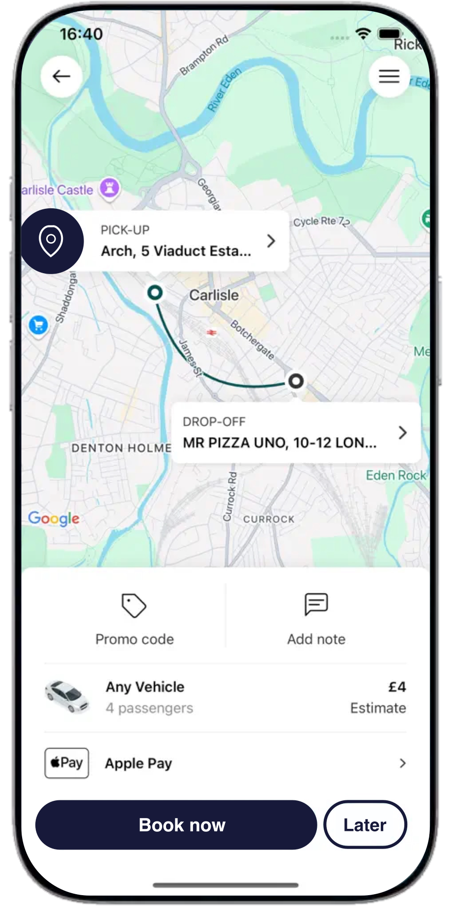 Corby Cabs app booking screen